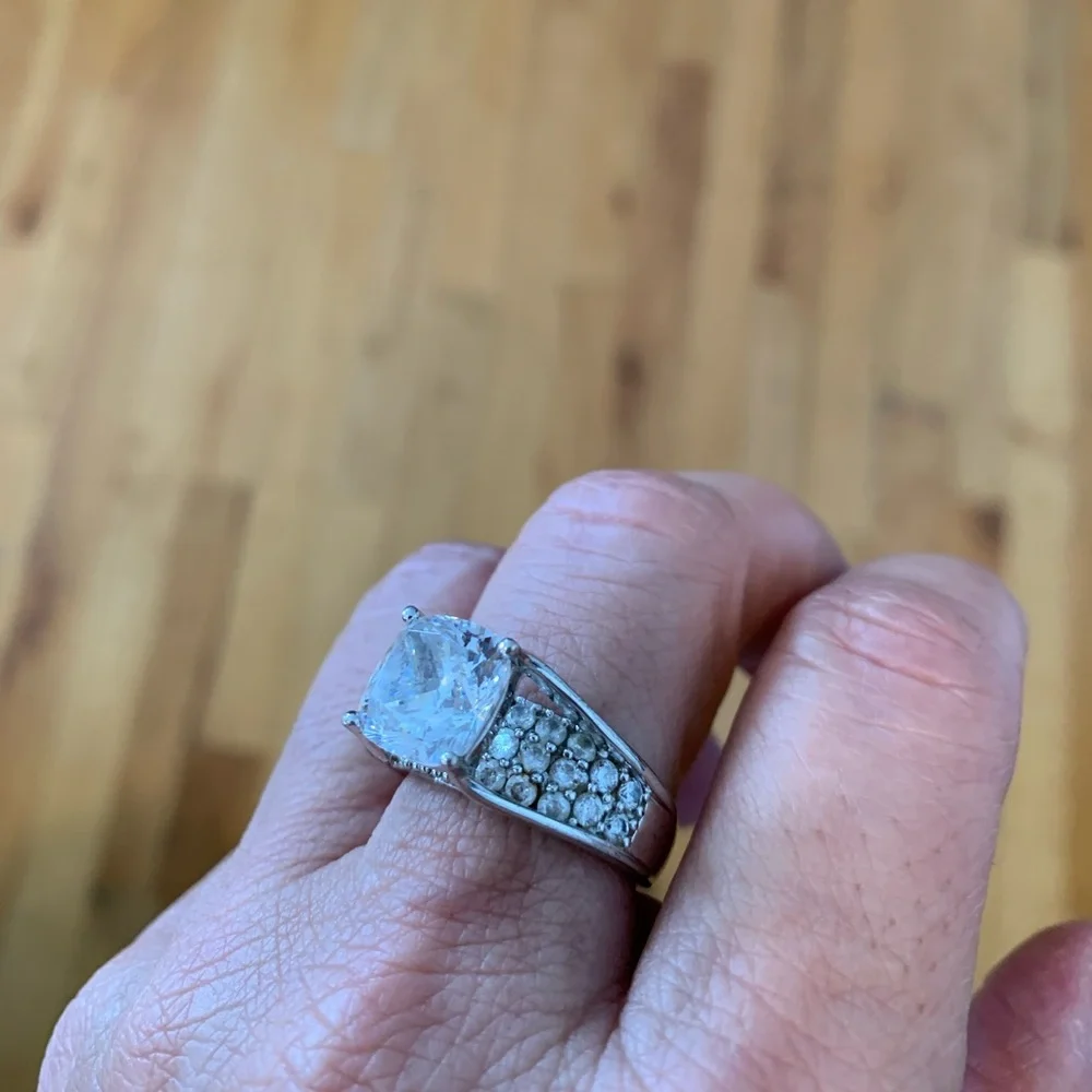 Sterling Silver 925 Cubic Zirconia cushion cocktail ring with pave stones, sz 9